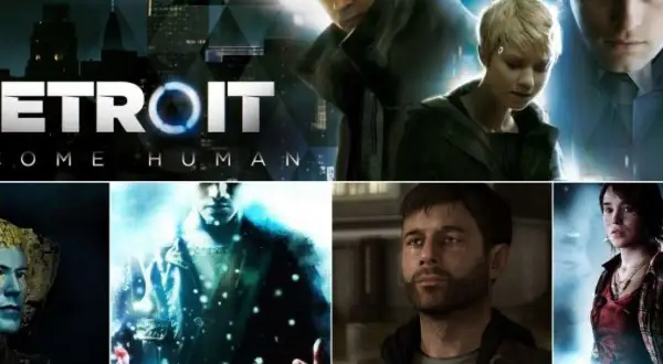 Kolaż postaci z gry Detroit: Become Human od Quantic Dream. Widoczni Connor, Kara, Markus, a także postacie z innych gier studia.