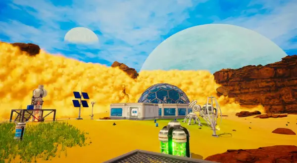 Baza **planet crafter** na obcej planecie: kopuła, panele słoneczne, roboty i dziwne formacje skalne pod dwoma księżycami.