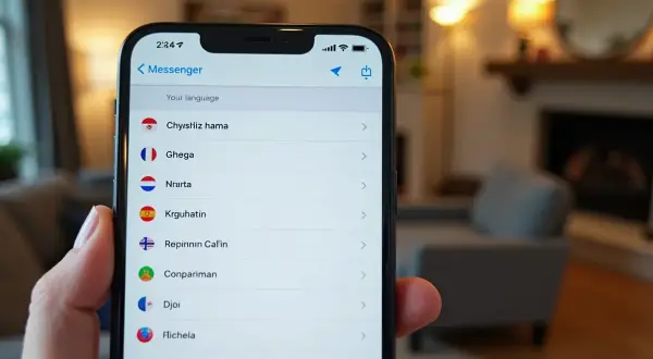 Ekran telefonu z listą języków, pokazujący jak zmienić język w Messengerze.