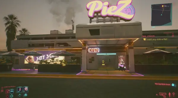 Cyberpunkowa pizzeria PieZ z neonowym znakiem. Zbliża się misja "Znak Jonasza", by usiąść przy stole.