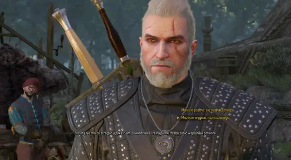 Wiedźmin 3 w sercu lasu: Geralt z Rivii w rozmowie, zastanawia się, co wybrać. Czy pozbyć się naznaczonego, czy go wygnać?