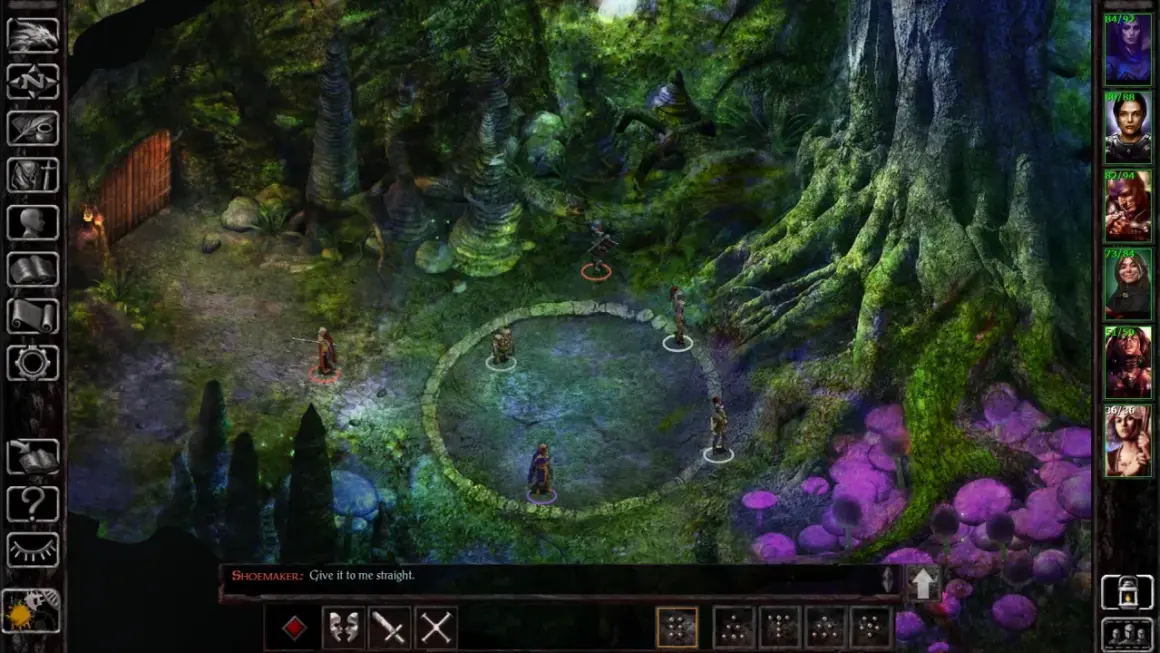 Postacie w magicznym lesie, przygotowujące się do walki. Wskazówka do gry Siege of Dragonspear solucja.