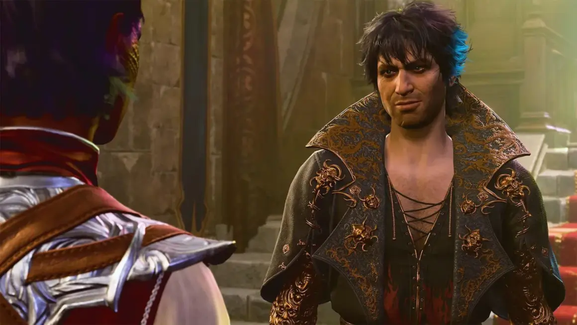 Astarion, jeden z baldur's gate 3 towarzysze, patrzy na kogoś zza kadru.