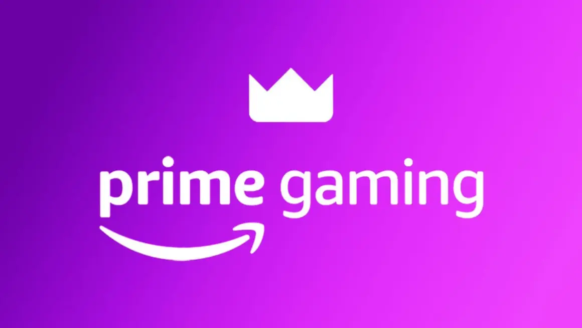 Logo Prime Gaming z koroną i strzałką Amazon na fioletowym tle.
