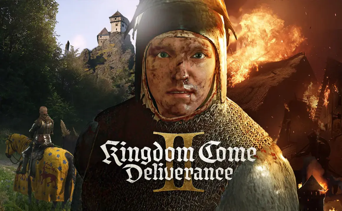 Zniszczona wioska płonie, rycerz na koniu w tle, a na pierwszym planie twarz w hełmie. Zapowiedź Kingdom Come Deliverance II.