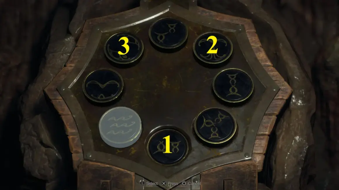 Zagadka z Resident Evil 4: symbole i cyfry 1, 2, 3 na okrągłych przyciskach.