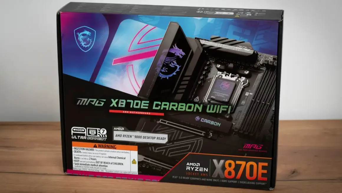 Pudełko płyty głównej MSI MAG X870E CARBON WIFI, idealne dla graczy szukających wydajności. Jaki Ryzen do gier? Ta płyta obsłuży procesory AMD Ryzen 9000.