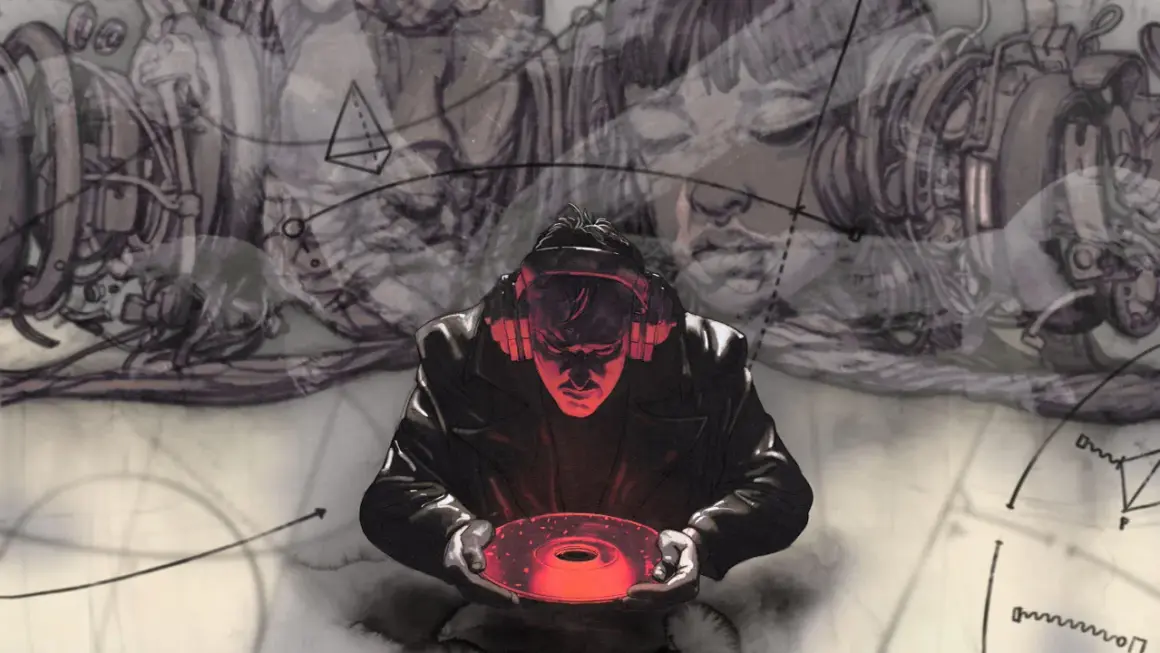 Mężczyzna w słuchawkach trzyma świecącą płytę. Tło sugeruje świat Disco Elysium 2, pełen mechanizmów i abstrakcyjnych form.