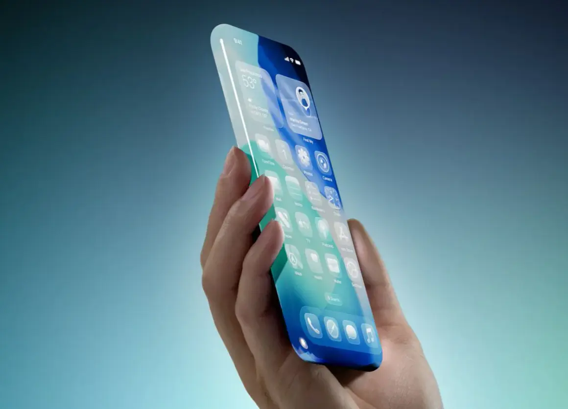 Dłoń trzyma futurystyczny iPhone 19 Pro Max z ekranem wypełnionym ikonami aplikacji.