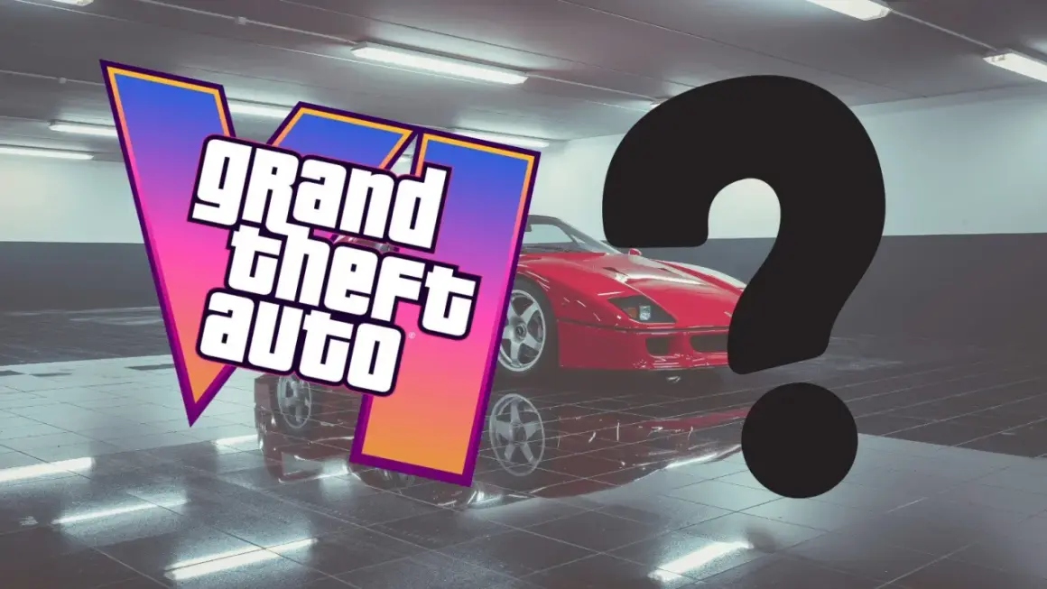 Logo Grand Theft Auto i czerwony samochód sportowy w garażu. Czy to zapowiedź GTA 6 od Rockstar Games?
