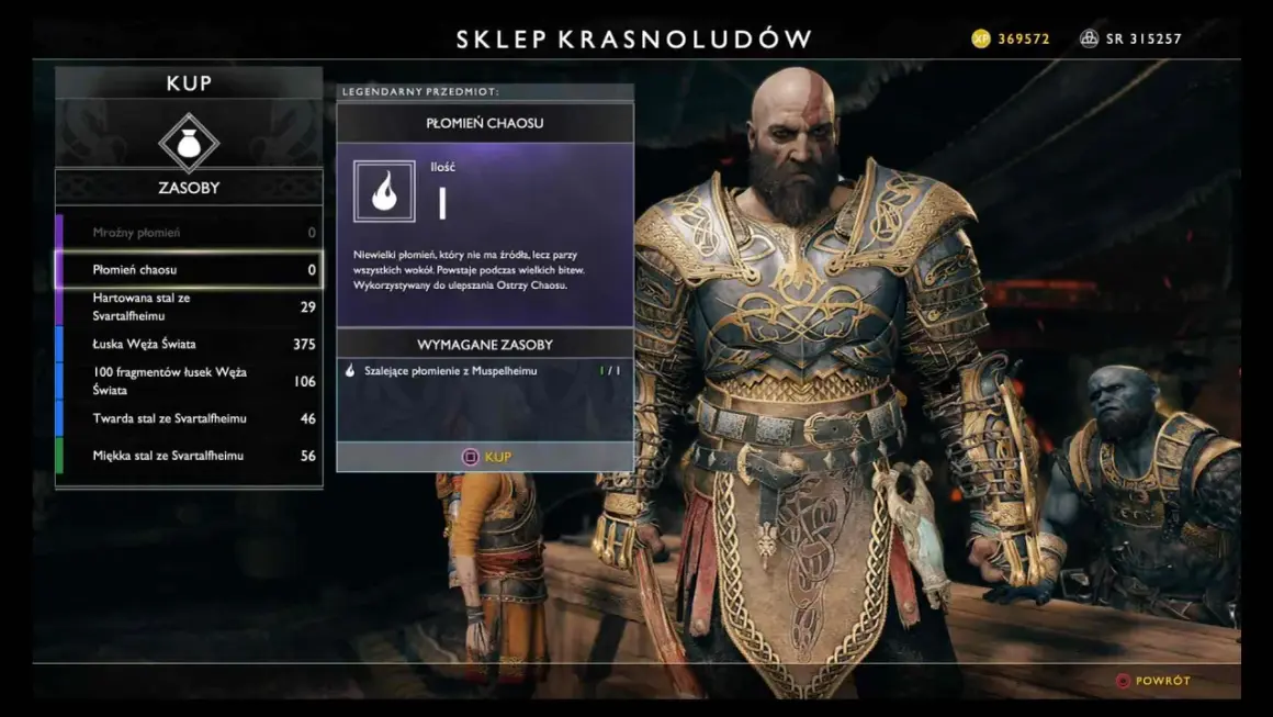 Kratos w grze God of War 2018 w sklepie Krasnoludów, przymierza się do zakupu Płomienia Chaosu.