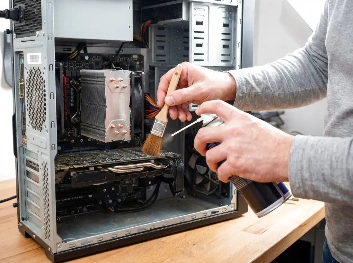 Czyszczenie komputera: ręce z pędzelkiem i sprężonym powietrzem usuwają kurz z wnętrza obudowy PC.