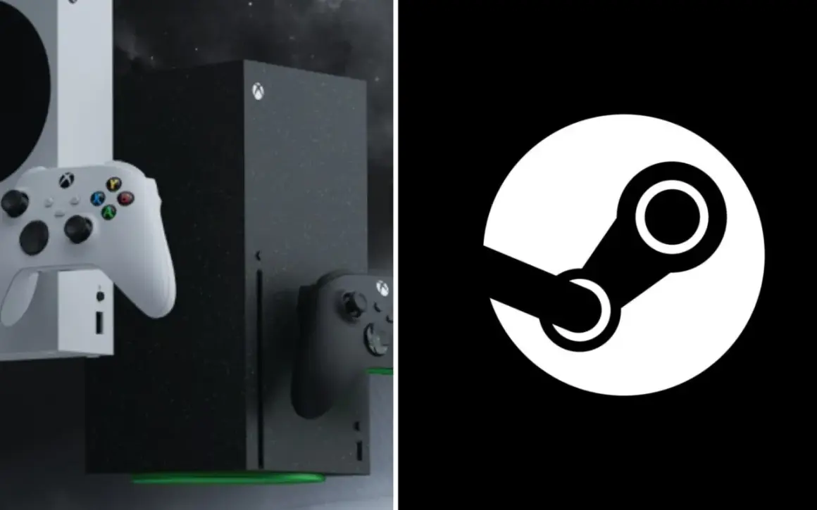 Dwa Xboxy z kontrolerami obok logo Steam. Czyżby przyszłość gier na Xbox?