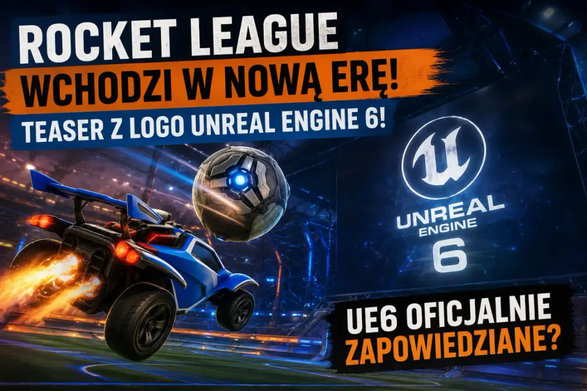 Rocket League wchodzi w nową erę z teaserem Unreal Engine 6! Niebieski samochód z płonącymi silnikami i piłka na tle logo UE6.