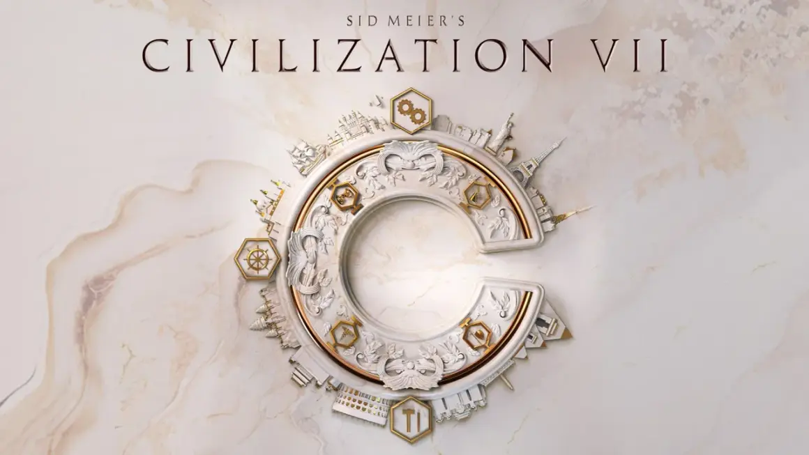 Logo gry Civilization VII z elementami architektonicznymi i symbolami postępu.