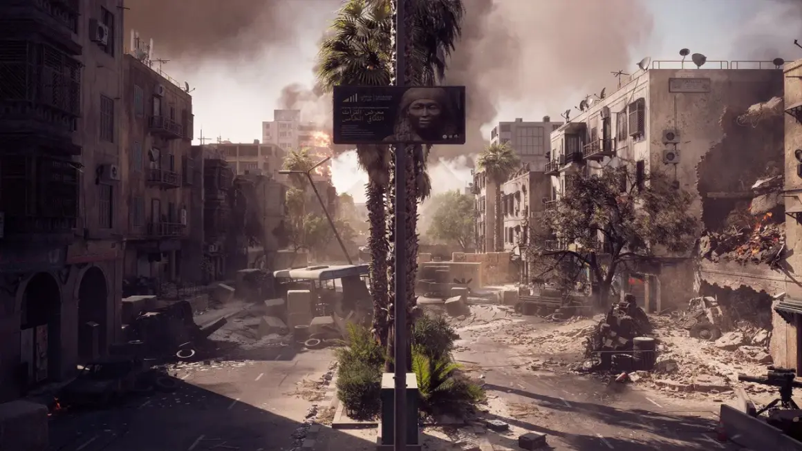 Zniszczone miasto, palmy i billboard z twarzą kobiety. To scena z gry Battlefield 6, dostępnej w ramach Game Pass.