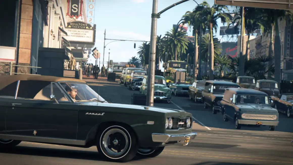 Uliczny ruch w stylu lat 60. z klasycznymi autami, idealny do gry Mafia 3. Wymagania sprzętowe tej gry pozwalają na taką grafikę.