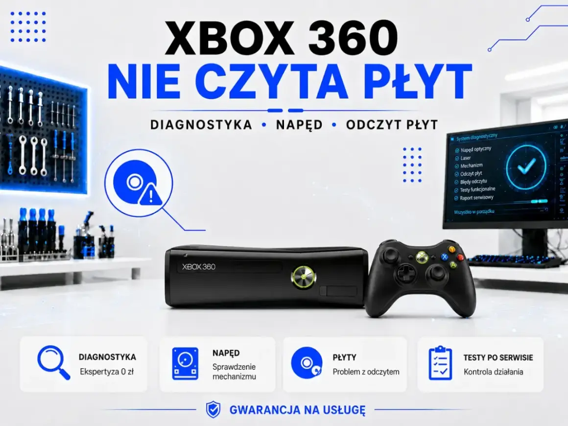 Konsola Xbox 360 z kontrolerem i narzędziami, gotowa na diagnostykę napędu i odczytu płyt. Idealna dla fanów Xbox games showcase.