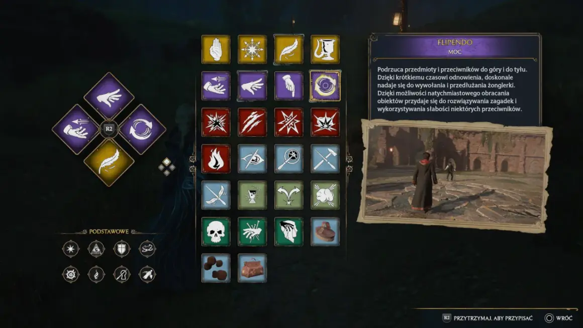 Interfejs gry Hogwarts Legacy z ikonami zaklęć, w tym Flipendo.