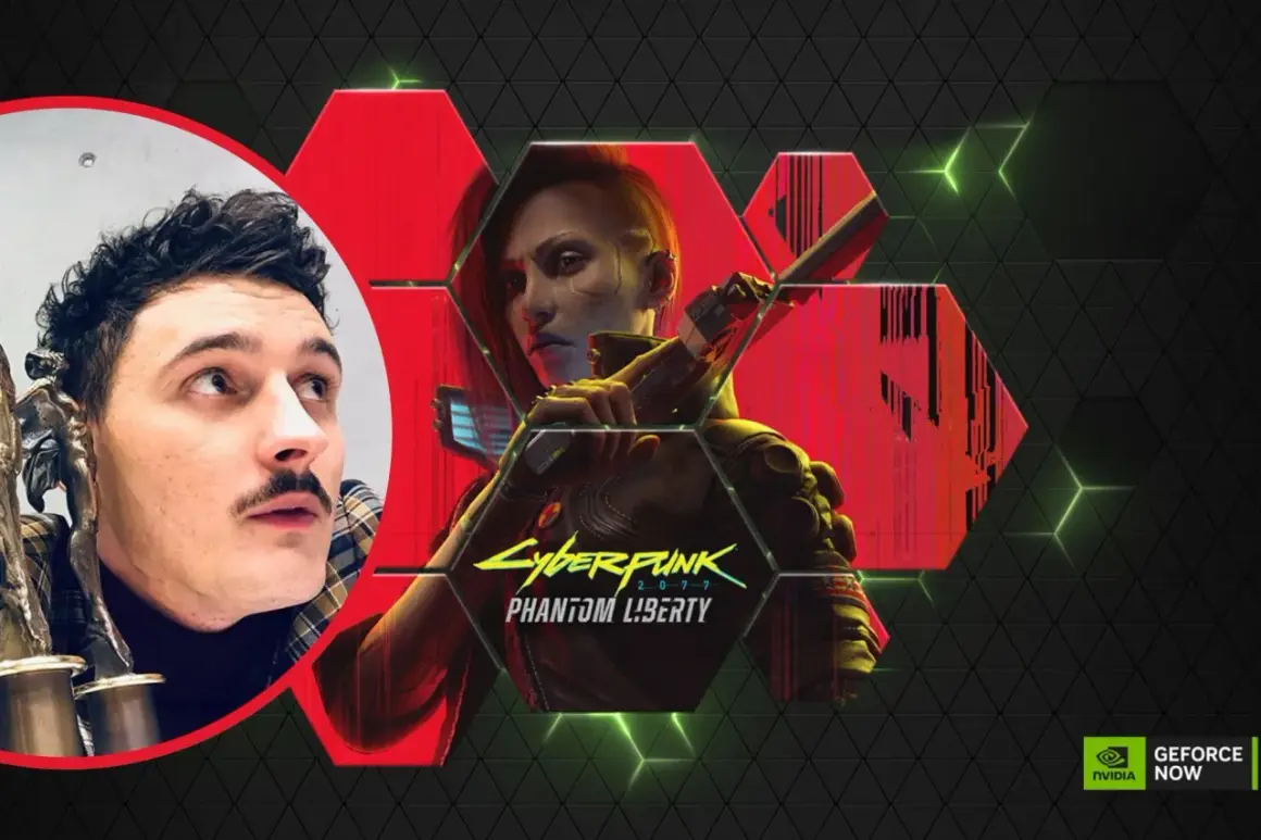 Dawid Podsiadło w stylu cyberpunk, obok postaci z gry Cyberpunk 2077: Phantom Liberty.
