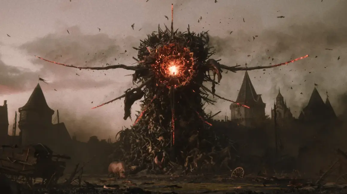 Potworna istota z ludzkich ciał i gałęzi, z płonącym rdzeniem, w tle zamków. Dzieło Larian Studios.
