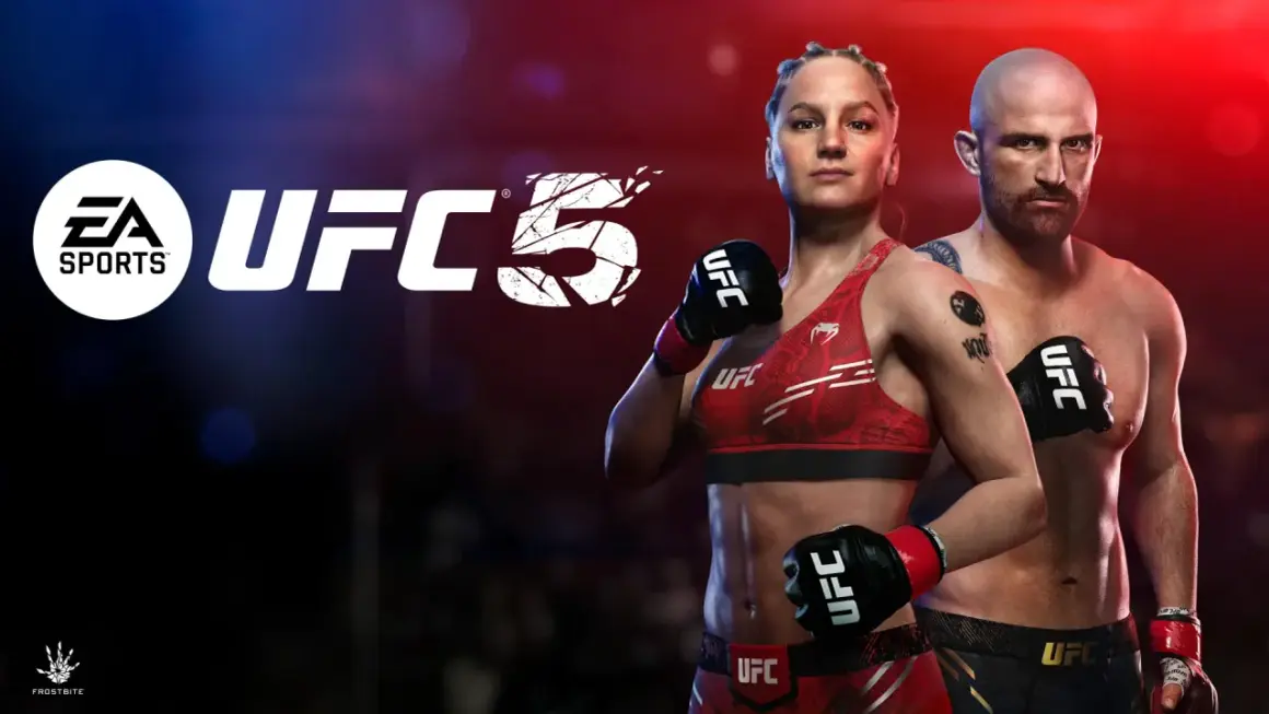 Logo EA Sports UFC 5 z zawodniczką i zawodnikiem MMA. Gra UFC PC zapowiada emocjonujące starcia.