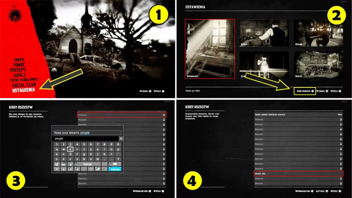 Menu gry Red Dead Redemption 2, gdzie można wprowadzić kody oszustw. Czy gra jest po polsku? Tak, gra oferuje polskie napisy.