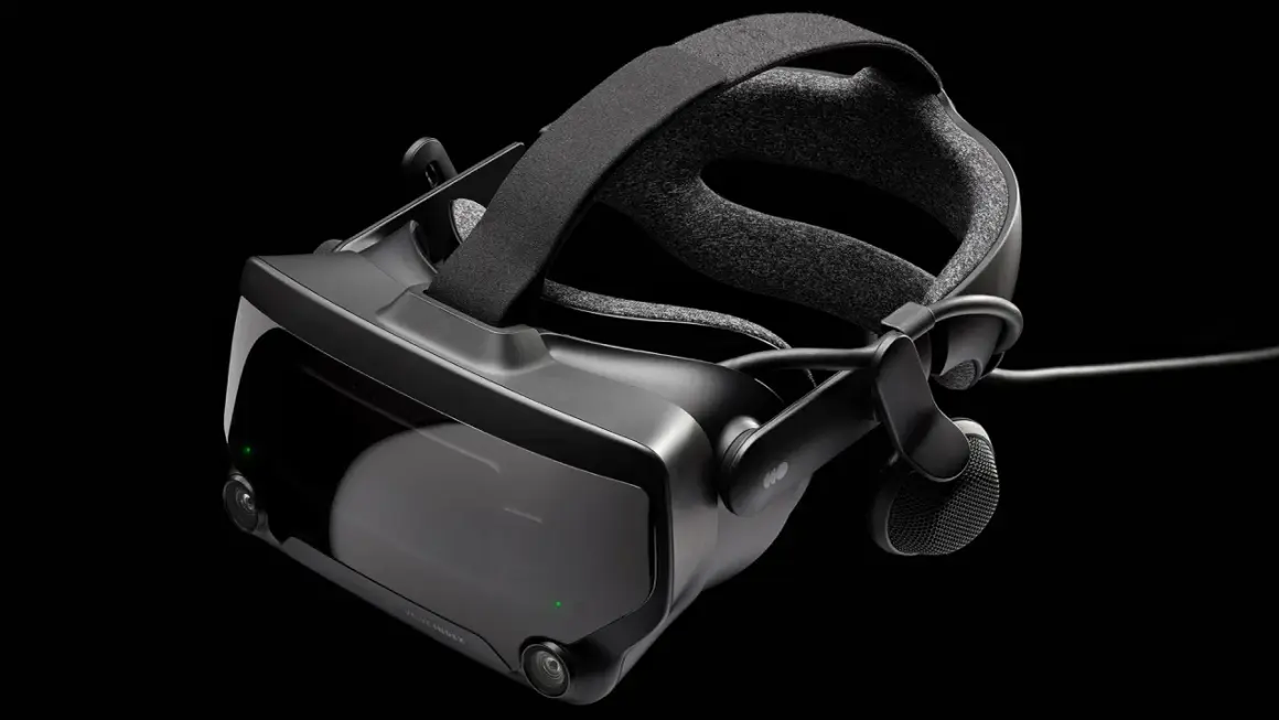 Gogle VR Valve Index 2, czarne, z wygodnym nagłowiem i wbudowanymi słuchawkami, gotowe do zanurzenia w wirtualnym świecie.