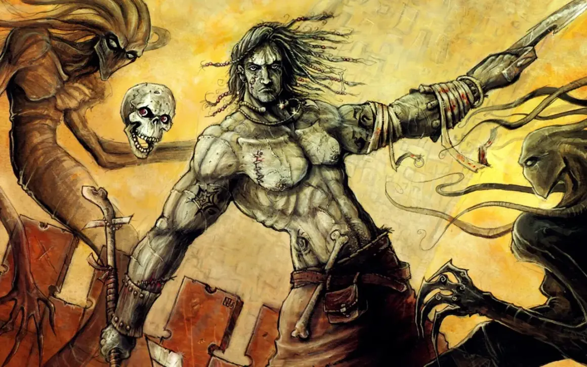 Nieśmiertelny walczy z potworami, trzymając czaszkę i miecz. Klimat jak z Planescape: Torment.