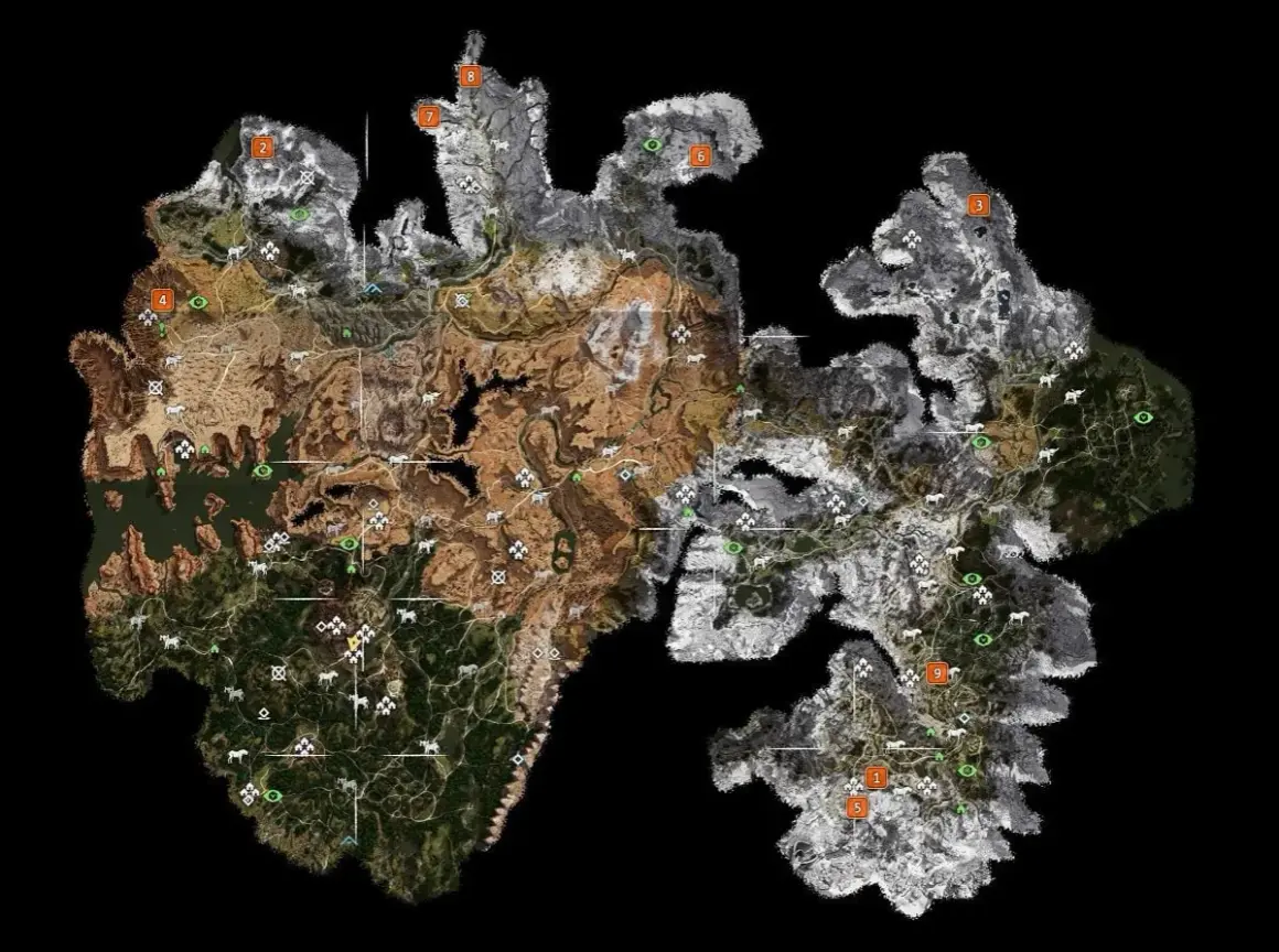 Mapa świata z gry Horizon Zero Dawn. Wskazówki i lokacje zaznaczone numerami, pomocne w grze.