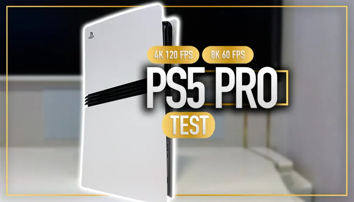 Biała konsola PS5 PRO z napisem "TEST" i informacjami o 4K 120 FPS oraz 8K 60 FPS.