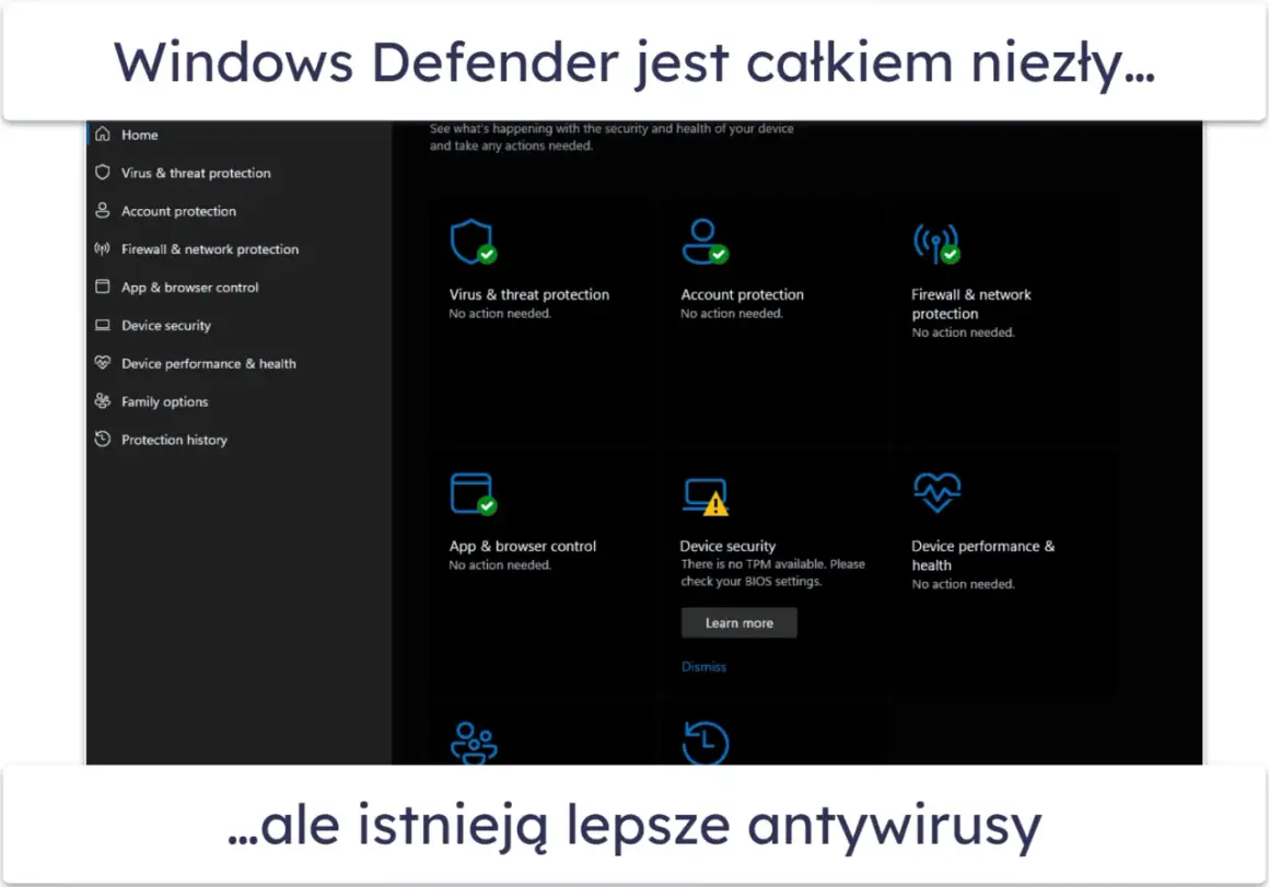 Interfejs Windows Defender z sekcjami ochrony przed wirusami, kontem, zaporą sieciową i innymi. Wszystko działa poprawnie.