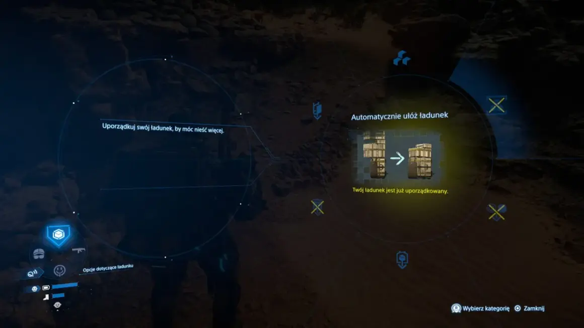 Death Stranding poradnik: automatyczne układanie ładunku, by móc nieść więcej. Twój ładunek jest już uporządkowany.