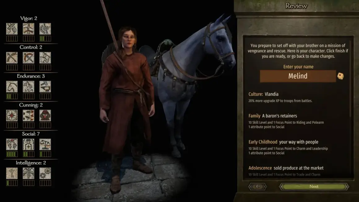Postać z gry Mount & Blade: Bannerlord, Melind, z koniem. Widać statystyki postaci i opcje rozwoju, jakby szukać mount and blade kody.