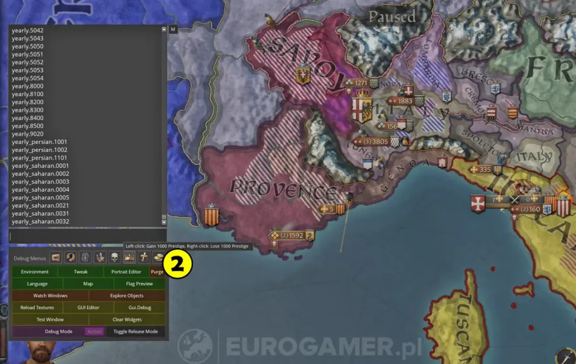 Gra Crusader Kings 2 z włączonym trybem debugowania, pokazującym mapę Europy i opcje edycji.