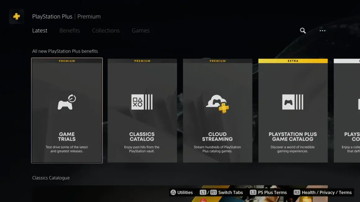 Ekran PlayStation Plus Premium prezentuje korzyści: Game Trials, Classics Catalog, Cloud Streaming i PlayStation Plus Game Catalog. To jak Game Pass, ale od Sony.