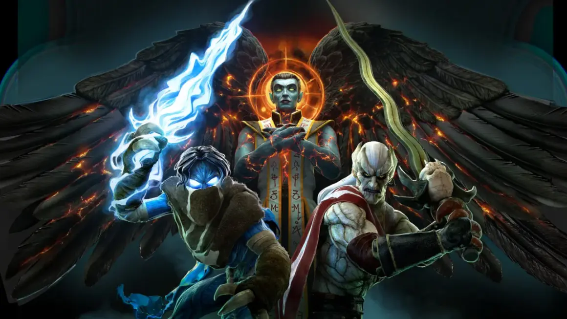 Trzech wojowników z gry Legacy of Kain: Raziel, Kain i Vorlag, z płonącymi skrzydłami w tle.
