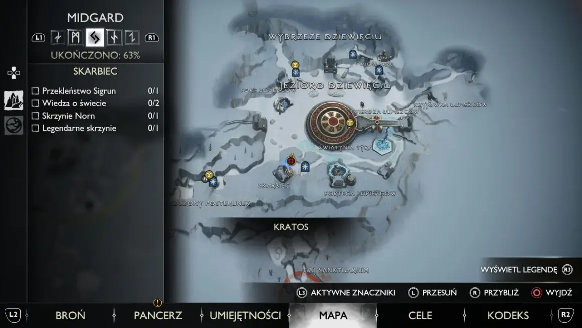 Mapa God of War Ragnarok w Midgardzie. W menu "Skarbiec" widać postęp w zbieraniu przedmiotów, w tym 0/1 Skrzynie Norn.