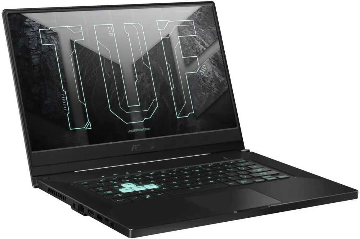 Czarny laptop ASUS TUF z podświetlaną klawiaturą. Zastanawiasz się, jakie parametry powinien mieć dobry laptop? Ten model oferuje wydajność i styl.