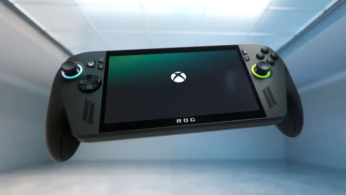 Ręczny komputer do gier ROG Ally z logo Xbox na ekranie, gotowy do akcji.