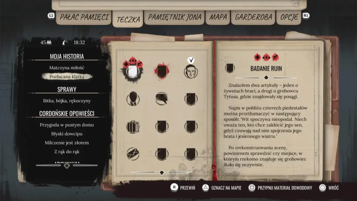 Menu gry Sherlock Holmes Chapter One. Widok na zakładki: Moja Historia, Sprawy, Cordońskie Opowieści i Badanie Ruin. Poradnik.