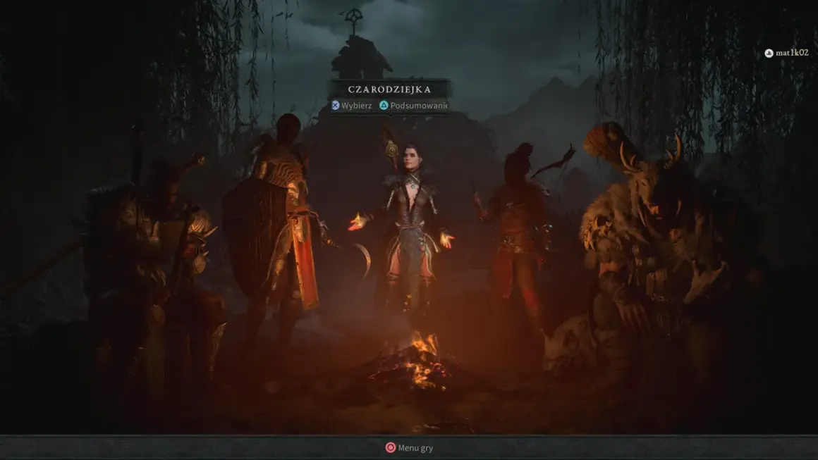 Czarnoksiężniczka w Diablo 4 najlepsza klasa, otoczona innymi postaciami przy ognisku.