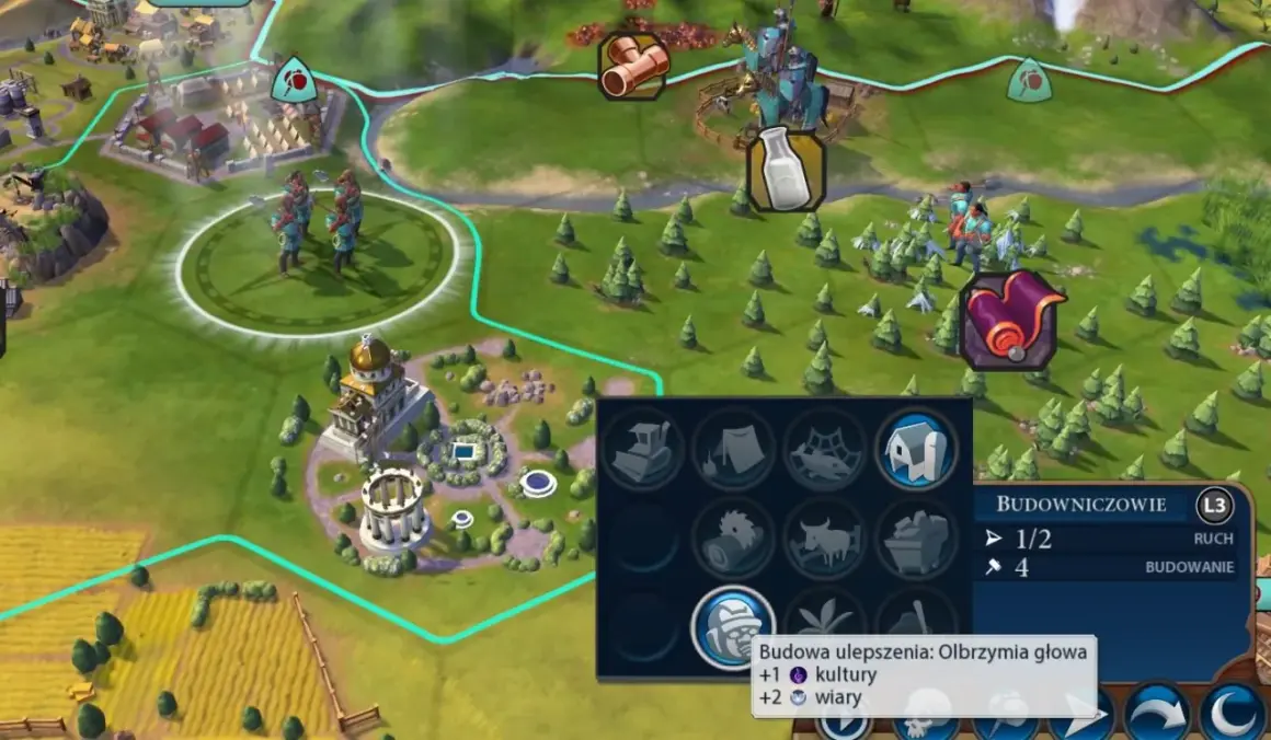 Gra Civilization VI, poradnik budowniczego. Widok mapy z jednostkami i budynkami.
