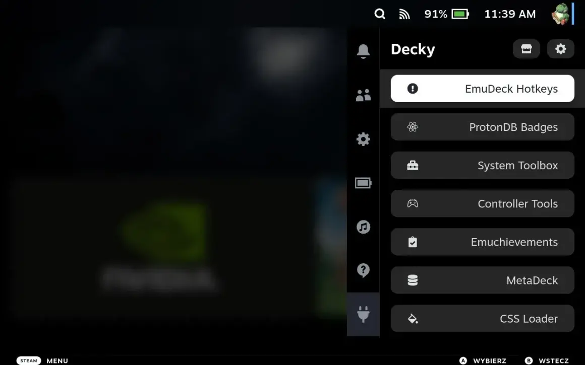 Menu Decky z opcjami: EmuDeck Hotkeys, ProtonDB Badges, System Toolbox, Controller Tools, Emuchievements, MetaDeck, CSS Loader.