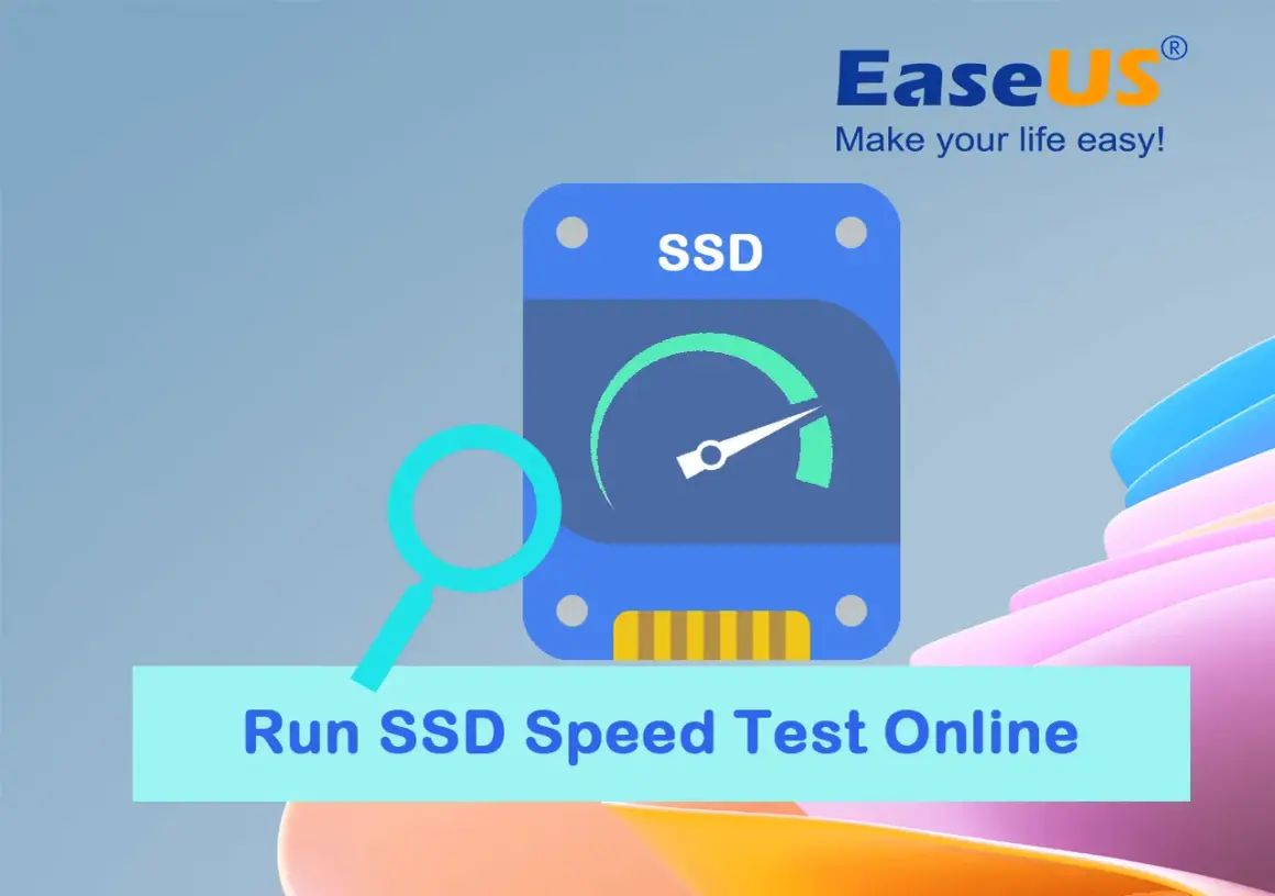 Grafika przedstawia ikonę dysku SSD z prędkościomierzem, lupę i napis "Run SSD Speed Test Online".
