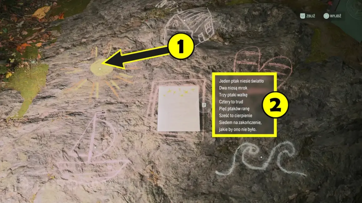 Na skale w grze Alan Wake 2 widzimy rysunki kredą i tekst rymowanki. Strzałka wskazuje na słońce, a obok znajduje się numer 2 z tekstem.