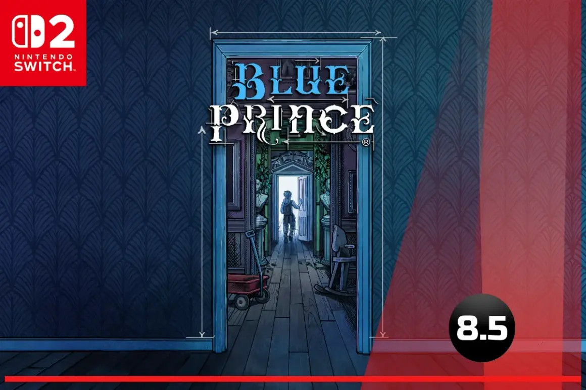 Okładka gry "Blue Prince" na Nintendo Switch. Wąski korytarz z otwartymi drzwiami na końcu, przez które widać postać.