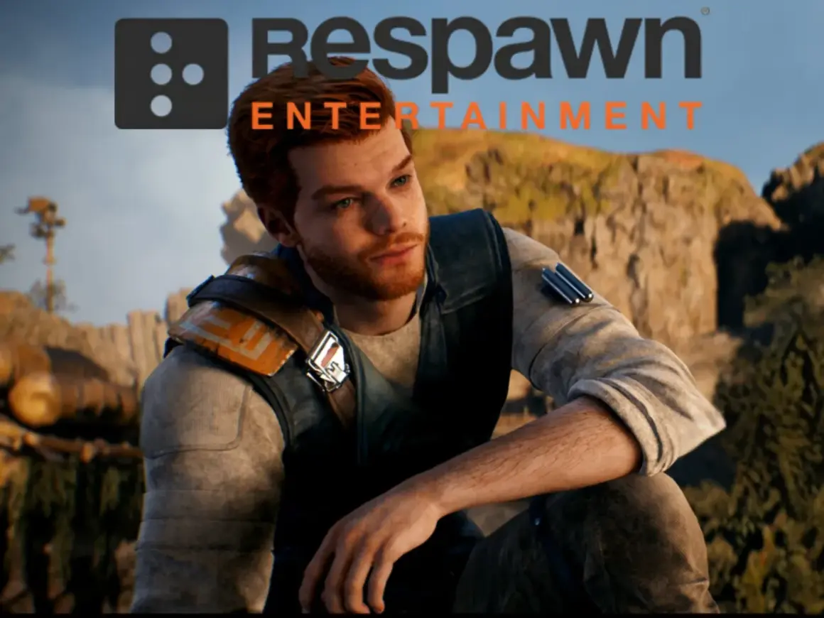 Cal Kestis, bohater gry Star Wars Jedi 3, siedzi na tle skalistego krajobrazu. Logo Respawn Entertainment.