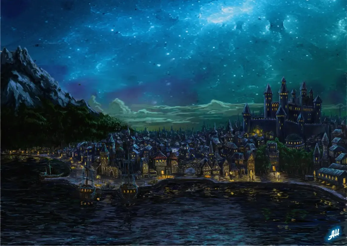 Nocny widok na Waterdeep, miasto z magią w powietrzu. Widać port z żaglowcami, gęsto zabudowane ulice i potężny zamek na wzgórzu.