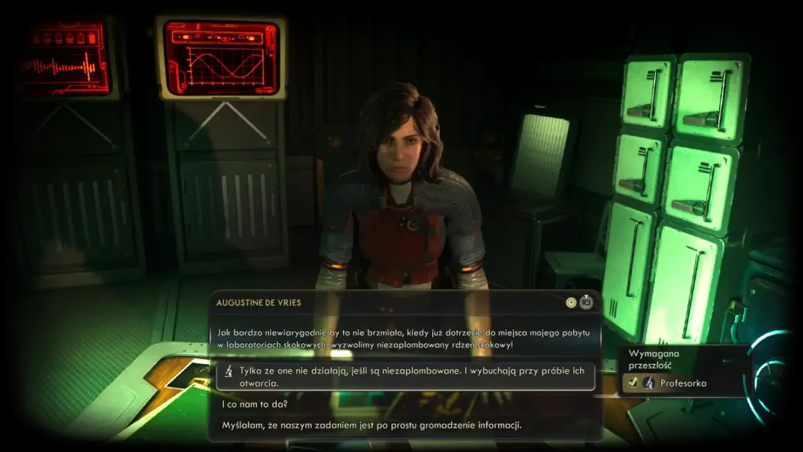 Augustine de Vries w The Outer Worlds 2 analizuje dane. W tle monitory z wykresami i zielone panele.